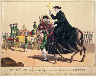 Monsignore Speroni, der bærer pavekorset, går foran pave Pius 7. på vej til Notre-Dame-katedralen i Paris til kroningen af kejser Napoleon og kejserinde Joséphine den 3. november 1804 af French School